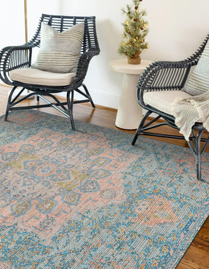 Blue and Peach 2' x 3' 1 Chenille Jute Rectangle Area Rug Vintage Distressed Boho All Natural Eco-Friendly Sustainable Carpet for Living Dining Office Dorm Rooms for Sale at Rug Engine