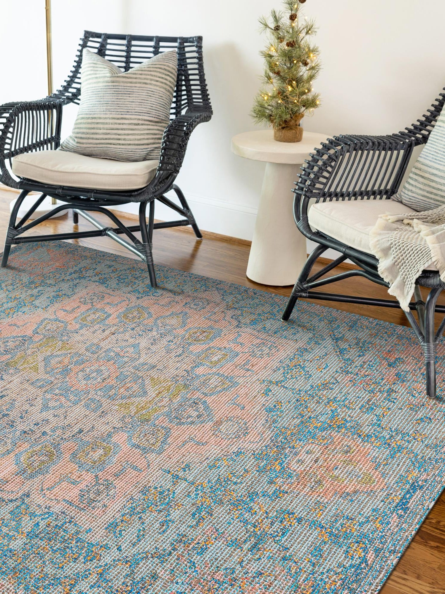 Blue and Peach 6' 1 x 9' Chenille Jute Rectangle Area Rug Vintage Distressed Boho All Natural Eco-Friendly Sustainable Carpet for Living Dining Office Dorm Rooms for Sale at Rug Engine