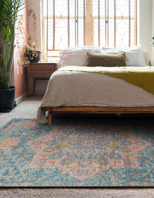 Blue and Peach 7' 10 x 10' Chenille Jute Rectangle Area Rug Vintage Distressed Boho All Natural Eco-Friendly Sustainable Carpet for Living Dining Office Dorm Rooms for Sale at Rug Engine