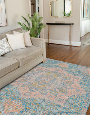 Blue and Peach 5' 3 x 8' Chenille Jute Rectangle Area Rug Vintage Distressed Boho All Natural Eco-Friendly Sustainable Carpet for Living Dining Office Dorm Rooms for Sale at Rug Engine