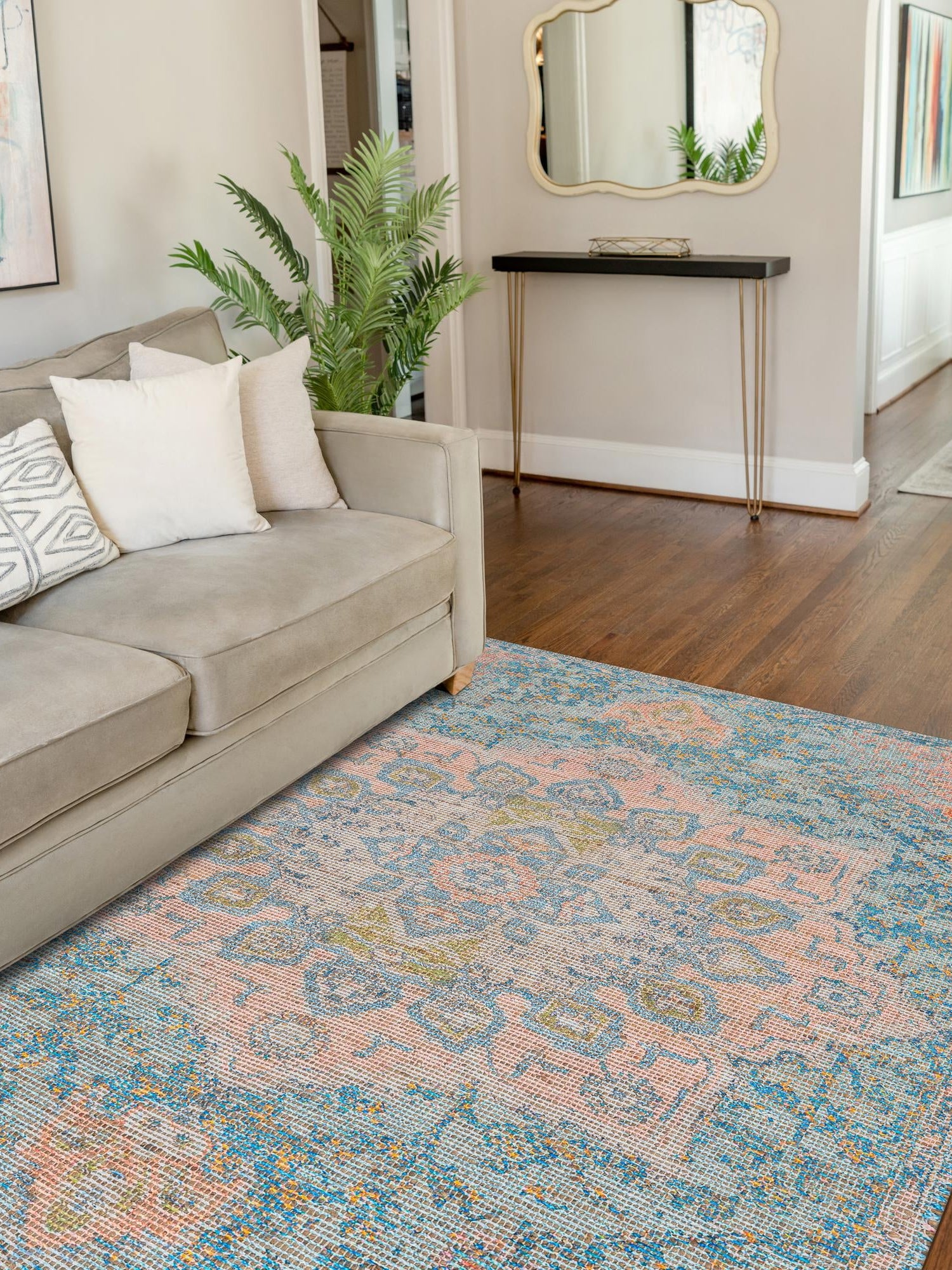 Blue and Peach 6' 1 x 9' Chenille Jute Rectangle Area Rug Vintage Distressed Boho All Natural Eco-Friendly Sustainable Carpet for Living Dining Office Dorm Rooms for Sale at Rug Engine