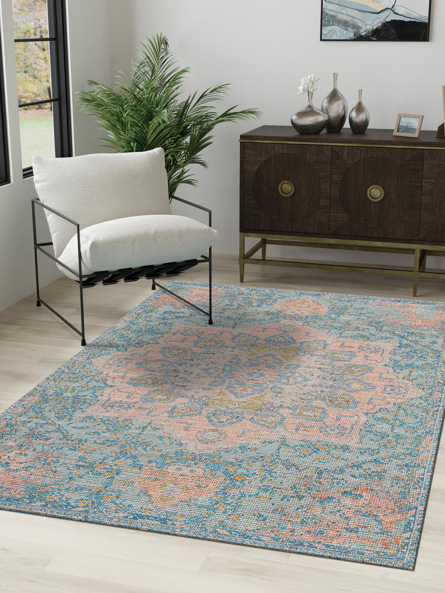 Blue and Peach 7' 10 x 10' Chenille Jute Rectangle Area Rug Vintage Distressed Boho All Natural Eco-Friendly Sustainable Carpet for Living Dining Office Dorm Rooms for Sale at Rug Engine