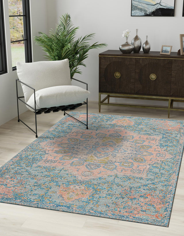 Blue and Peach 2' x 3' 1 Chenille Jute Rectangle Area Rug Vintage Distressed Boho All Natural Eco-Friendly Sustainable Carpet for Living Dining Office Dorm Rooms for Sale at Rug Engine