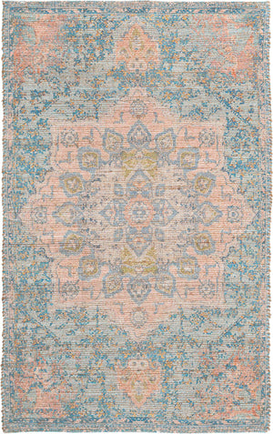 Blue and Peach 5' 3 x 8' Chenille Jute Rectangle Area Rug Vintage Distressed Boho All Natural Eco-Friendly Sustainable Carpet for Living Dining Office Dorm Rooms for Sale at Rug Engine