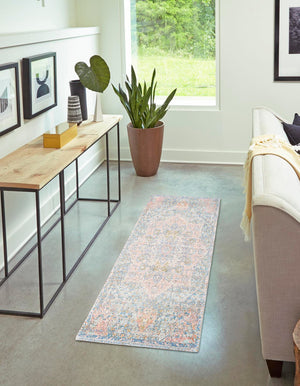 Blue and Peach 2' 2 x 8' Chenille Jute Runner Area Rug Vintage Distressed Boho All Natural Eco-Friendly Sustainable Carpet for Living Dining Office Dorm Rooms for Sale at Rug Engine