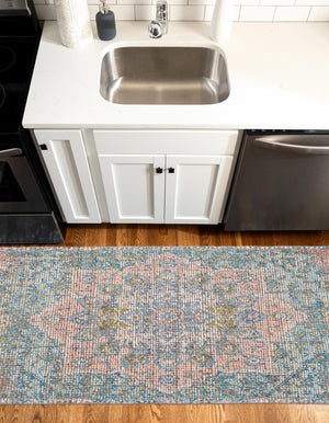 Blue and Peach 2' 2 x 6' 1 Chenille Jute Runner Area Rug Vintage Distressed Boho All Natural Eco-Friendly Sustainable Carpet for Living Dining Office Dorm Rooms for Sale at Rug Engine