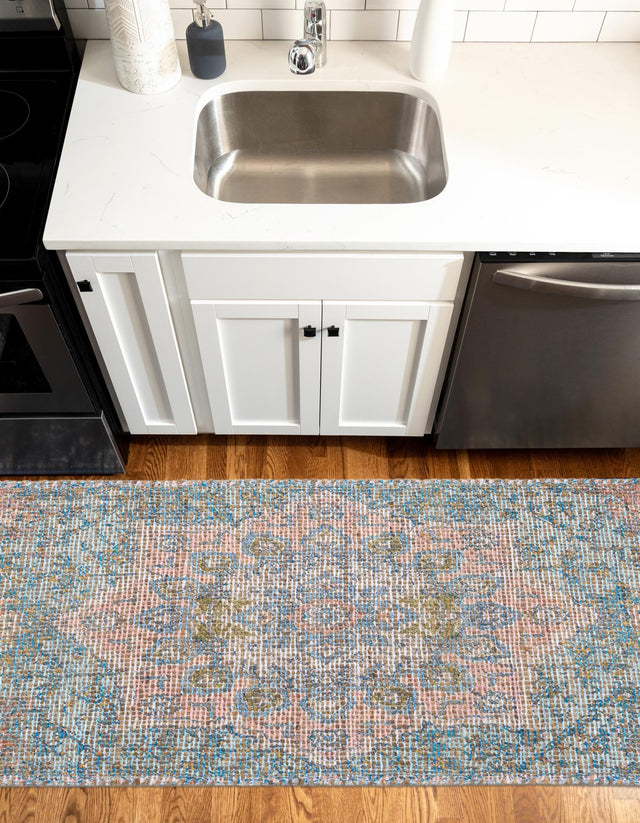 Blue and Peach 2' 2 x 6' 1 Chenille Jute Runner Area Rug Vintage Distressed Boho All Natural Eco-Friendly Sustainable Carpet for Living Dining Office Dorm Rooms for Sale at Rug Engine