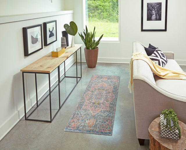 Blue and Peach 2' 2 x 6' 1 Chenille Jute Runner Area Rug Vintage Distressed Boho All Natural Eco-Friendly Sustainable Carpet for Living Dining Office Dorm Rooms for Sale at Rug Engine