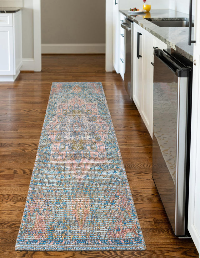 Blue and Peach 2' 2 x 8' Chenille Jute Runner Area Rug Vintage Distressed Boho All Natural Eco-Friendly Sustainable Carpet for Living Dining Office Dorm Rooms for Sale at Rug Engine