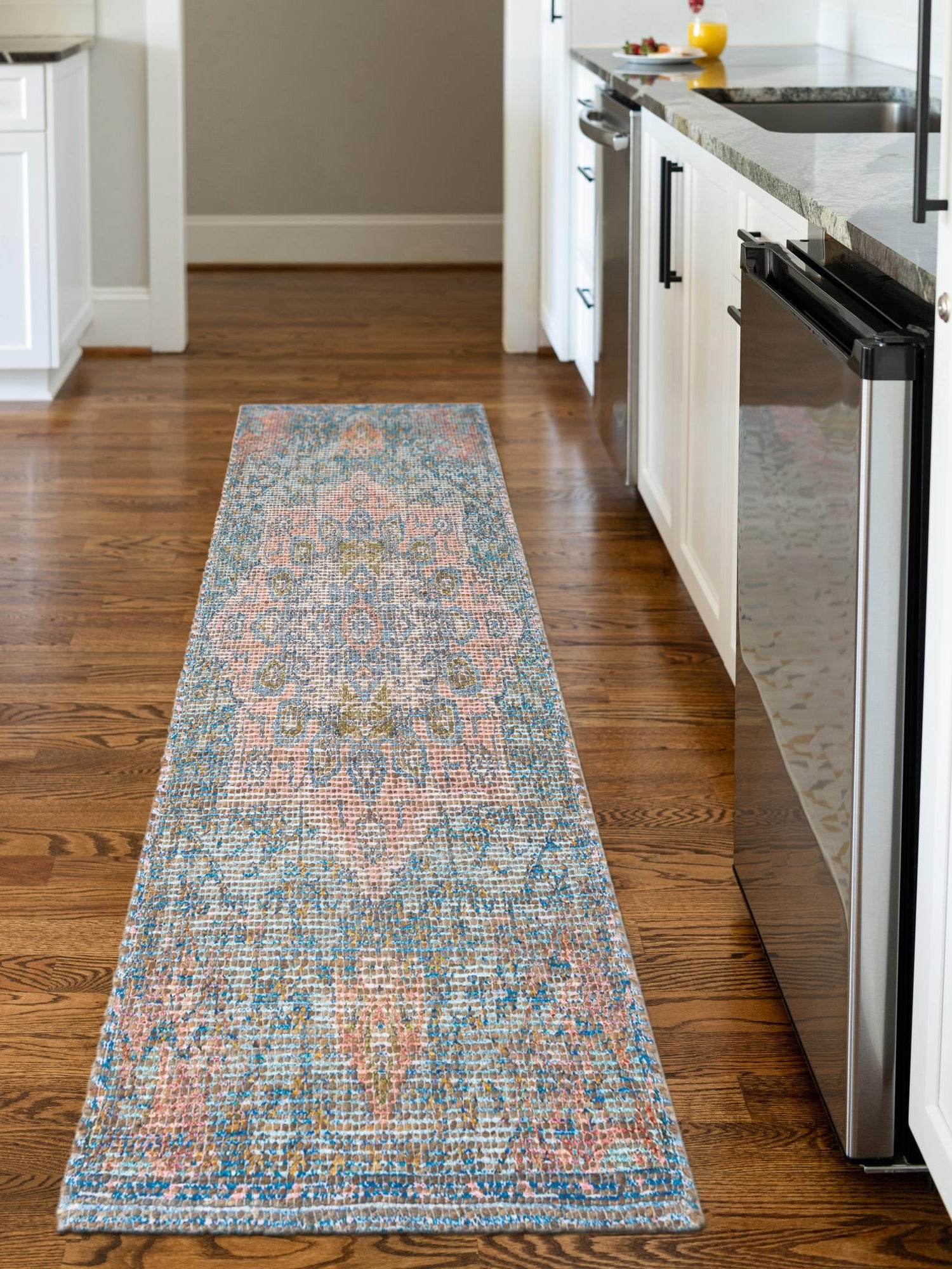 Blue and Peach 2' 2 x 6' 1 Chenille Jute Runner Area Rug Vintage Distressed Boho All Natural Eco-Friendly Sustainable Carpet for Living Dining Office Dorm Rooms for Sale at Rug Engine