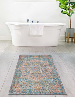 Blue and Peach 2' 2 x 8' Chenille Jute Runner Area Rug Vintage Distressed Boho All Natural Eco-Friendly Sustainable Carpet for Living Dining Office Dorm Rooms for Sale at Rug Engine