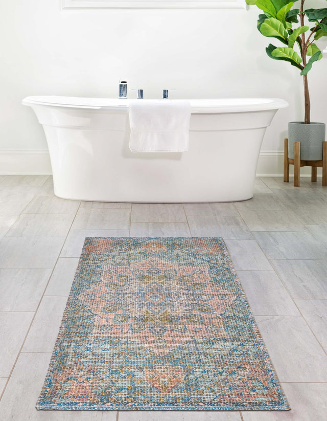 Blue and Peach 2' 2 x 8' Chenille Jute Runner Area Rug Vintage Distressed Boho All Natural Eco-Friendly Sustainable Carpet for Living Dining Office Dorm Rooms for Sale at Rug Engine