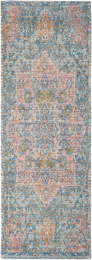 Blue and Peach 2' 2 x 6' 1 Chenille Jute Runner Area Rug Vintage Distressed Boho All Natural Eco-Friendly Sustainable Carpet for Living Dining Office Dorm Rooms for Sale at Rug Engine