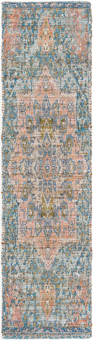 Blue and Peach 2' 2 x 8' Chenille Jute Runner Area Rug Vintage Distressed Boho All Natural Eco-Friendly Sustainable Carpet for Living Dining Office Dorm Rooms for Sale at Rug Engine