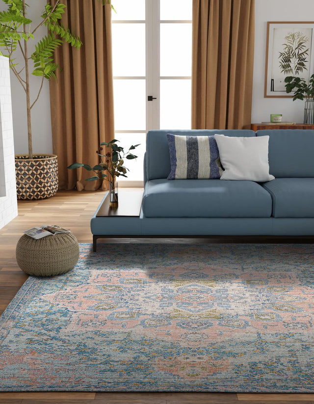 Blue and Peach 7' 10 x 7' 10 Chenille Jute Square Area Rug Vintage Distressed Boho All Natural Eco-Friendly Sustainable Carpet for Living Dining Office Dorm Rooms for Sale at Rug Engine