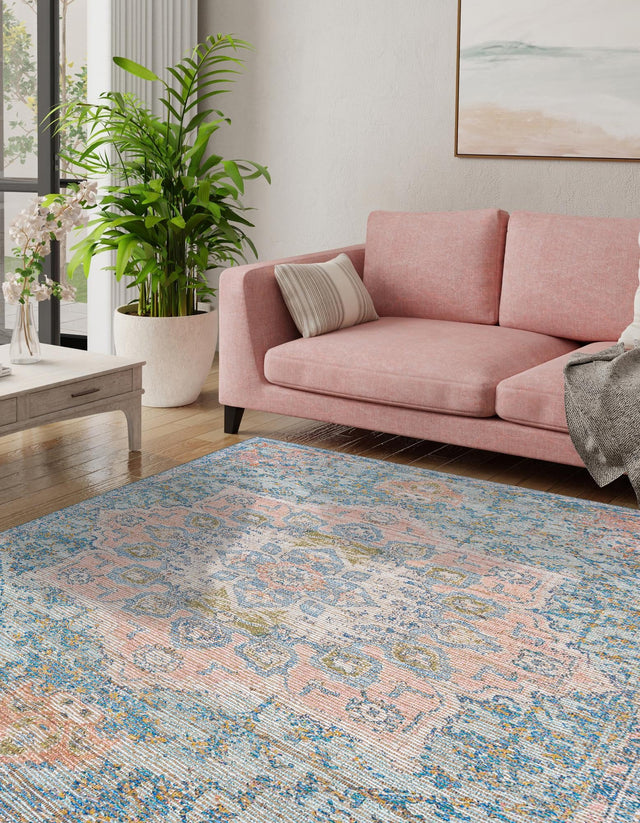 Blue and Peach 7' 10 x 7' 10 Chenille Jute Square Area Rug Vintage Distressed Boho All Natural Eco-Friendly Sustainable Carpet for Living Dining Office Dorm Rooms for Sale at Rug Engine