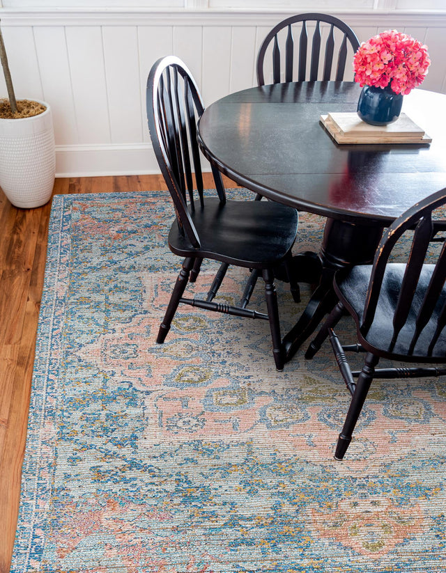 Blue and Peach 7' 10 x 7' 10 Chenille Jute Square Area Rug Vintage Distressed Boho All Natural Eco-Friendly Sustainable Carpet for Living Dining Office Dorm Rooms for Sale at Rug Engine