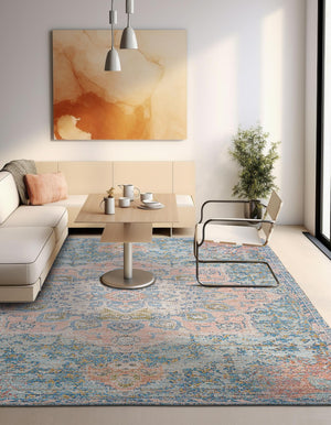 Blue and Peach 7' 10 x 7' 10 Chenille Jute Square Area Rug Vintage Distressed Boho All Natural Eco-Friendly Sustainable Carpet for Living Dining Office Dorm Rooms for Sale at Rug Engine