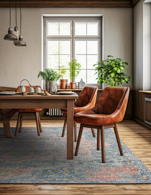 Blue and Peach 7' 10 x 7' 10 Chenille Jute Square Area Rug Vintage Distressed Boho All Natural Eco-Friendly Sustainable Carpet for Living Dining Office Dorm Rooms for Sale at Rug Engine