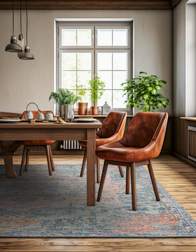 Blue and Peach 7' 10 x 7' 10 Chenille Jute Square Area Rug Vintage Distressed Boho All Natural Eco-Friendly Sustainable Carpet for Living Dining Office Dorm Rooms for Sale at Rug Engine
