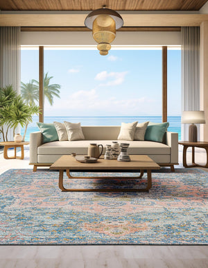 Blue and Peach 7' 10 x 7' 10 Chenille Jute Square Area Rug Vintage Distressed Boho All Natural Eco-Friendly Sustainable Carpet for Living Dining Office Dorm Rooms for Sale at Rug Engine