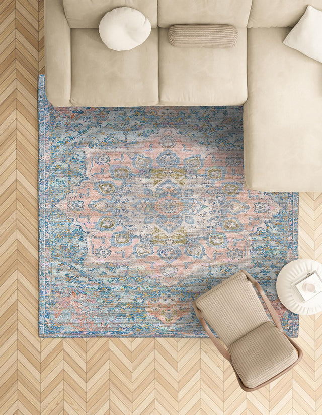 Blue and Peach 7' 10 x 7' 10 Chenille Jute Square Area Rug Vintage Distressed Boho All Natural Eco-Friendly Sustainable Carpet for Living Dining Office Dorm Rooms for Sale at Rug Engine