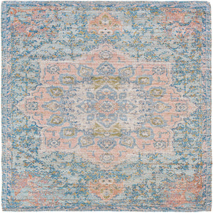Blue and Peach 7' 10 x 7' 10 Chenille Jute Square Area Rug Vintage Distressed Boho All Natural Eco-Friendly Sustainable Carpet for Living Dining Office Dorm Rooms for Sale at Rug Engine