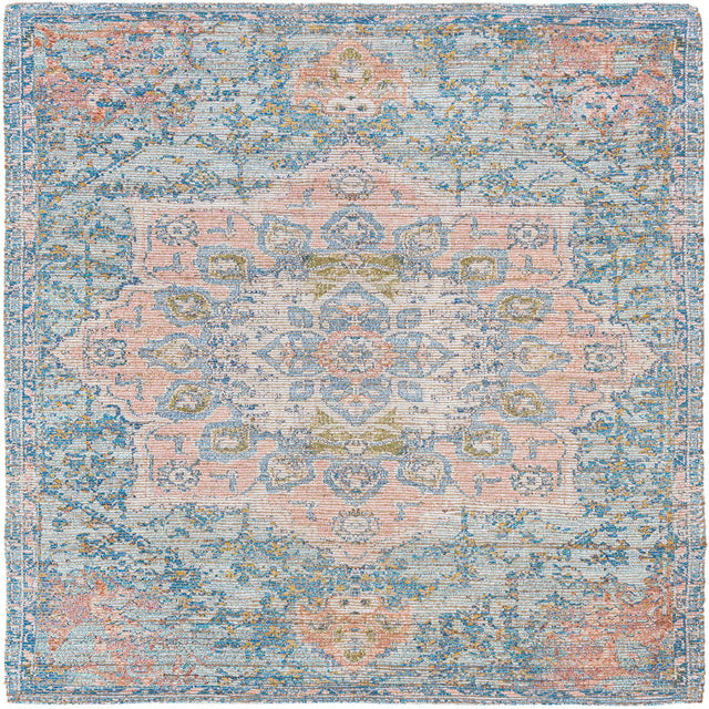 Blue and Peach 7' 10 x 7' 10 Chenille Jute Square Area Rug Vintage Distressed Boho All Natural Eco-Friendly Sustainable Carpet for Living Dining Office Dorm Rooms for Sale at Rug Engine