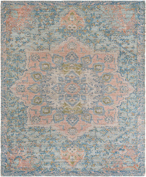 Blue and Peach 7' 10 x 10' Chenille Jute Rectangle Area Rug Vintage Distressed Boho All Natural Eco-Friendly Sustainable Carpet for Living Dining Office Dorm Rooms for Sale at Rug Engine
