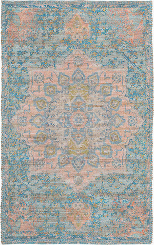 Blue and Peach 9' x 12' Chenille Jute Rectangle Area Rug Vintage Distressed Boho All Natural Eco-Friendly Sustainable Carpet for Living Dining Office Dorm Rooms for Sale at Rug Engine