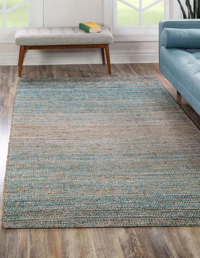 Ivory and Blue 6' 1 x 9' Chenille Jute Rectangle Area Rug Vintage Distressed Boho All Natural Eco-Friendly Sustainable Carpet for Living Dining Office Dorm Rooms for Sale at Rug Engine