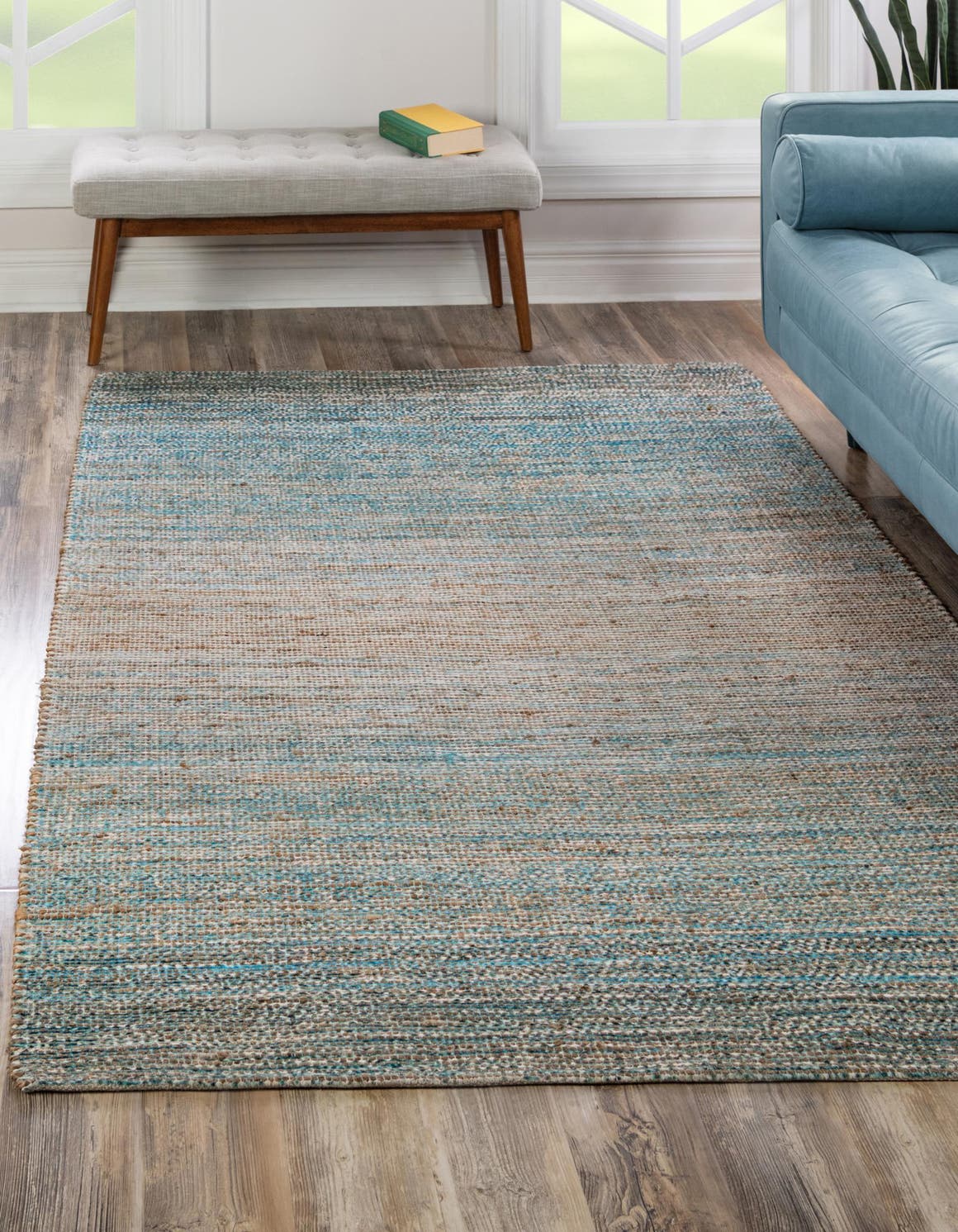 Ivory and Blue 7' 10 x 10' Chenille Jute Rectangle Area Rug Vintage Distressed Boho All Natural Eco-Friendly Sustainable Carpet for Living Dining Office Dorm Rooms for Sale at Rug Engine