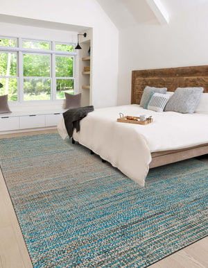 Ivory and Blue 5' 3 x 8' Chenille Jute Rectangle Area Rug Vintage Distressed Boho All Natural Eco-Friendly Sustainable Carpet for Living Dining Office Dorm Rooms for Sale at Rug Engine