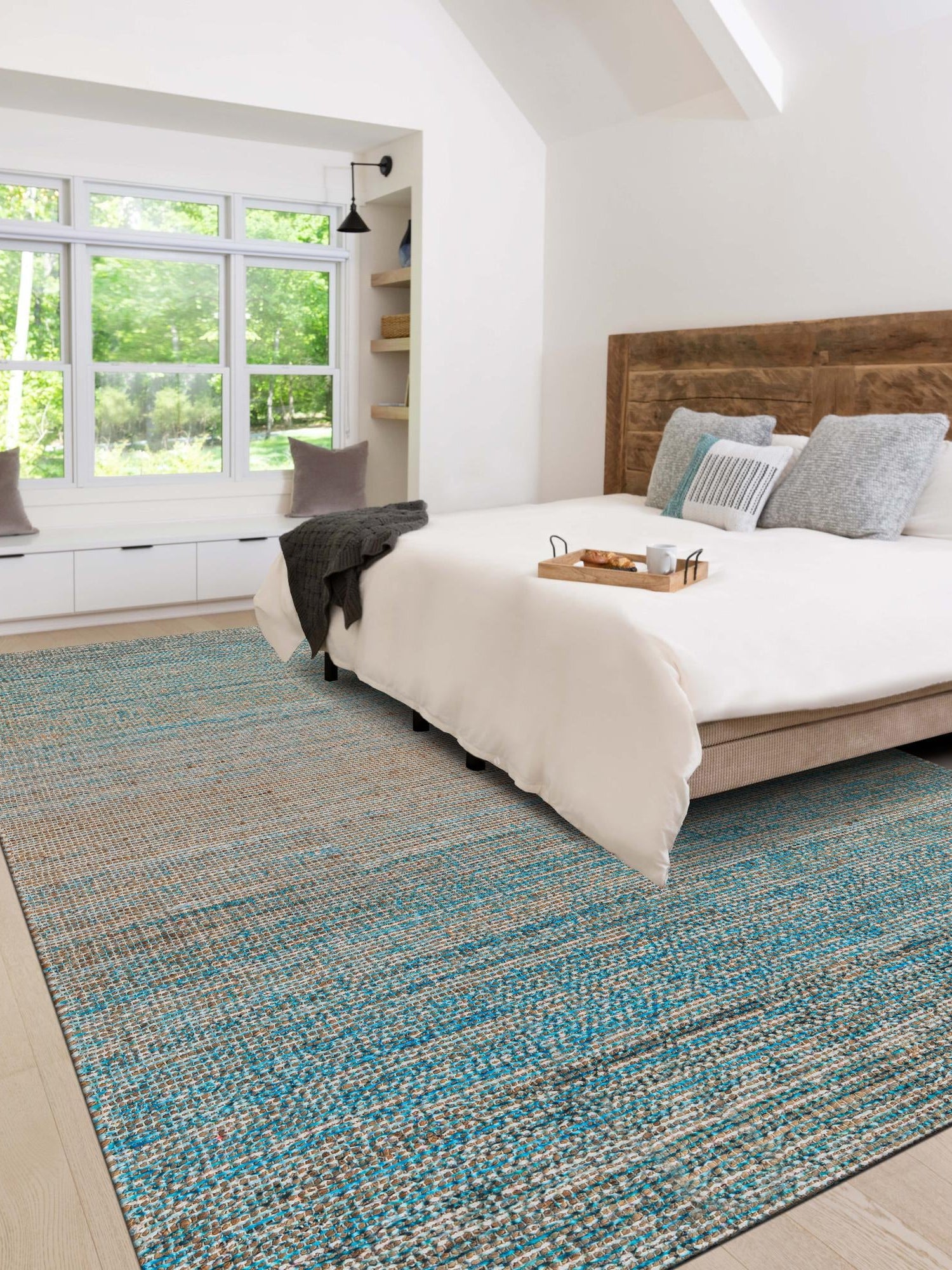 Ivory and Blue 9' x 12' Chenille Jute Rectangle Area Rug Vintage Distressed Boho All Natural Eco-Friendly Sustainable Carpet for Living Dining Office Dorm Rooms for Sale at Rug Engine
