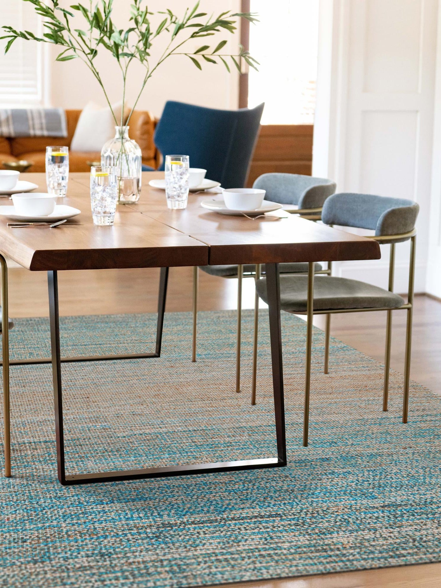 Ivory and Blue 9' x 12' Chenille Jute Rectangle Area Rug Vintage Distressed Boho All Natural Eco-Friendly Sustainable Carpet for Living Dining Office Dorm Rooms for Sale at Rug Engine