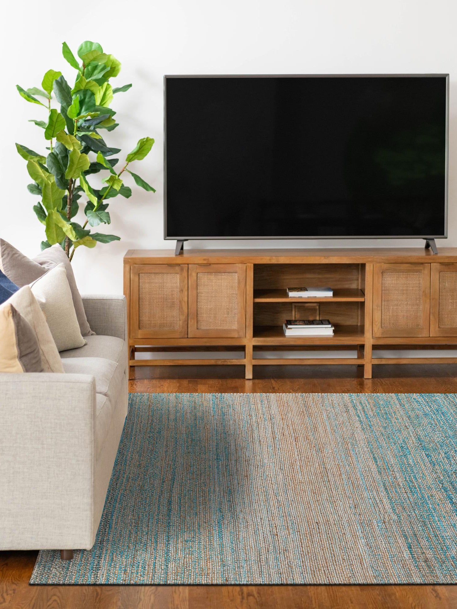 Ivory and Blue 9' x 12' Chenille Jute Rectangle Area Rug Vintage Distressed Boho All Natural Eco-Friendly Sustainable Carpet for Living Dining Office Dorm Rooms for Sale at Rug Engine
