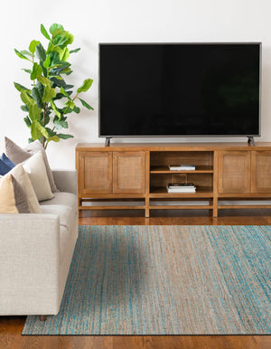 Ivory and Blue 6' 1 x 9' Chenille Jute Rectangle Area Rug Vintage Distressed Boho All Natural Eco-Friendly Sustainable Carpet for Living Dining Office Dorm Rooms for Sale at Rug Engine