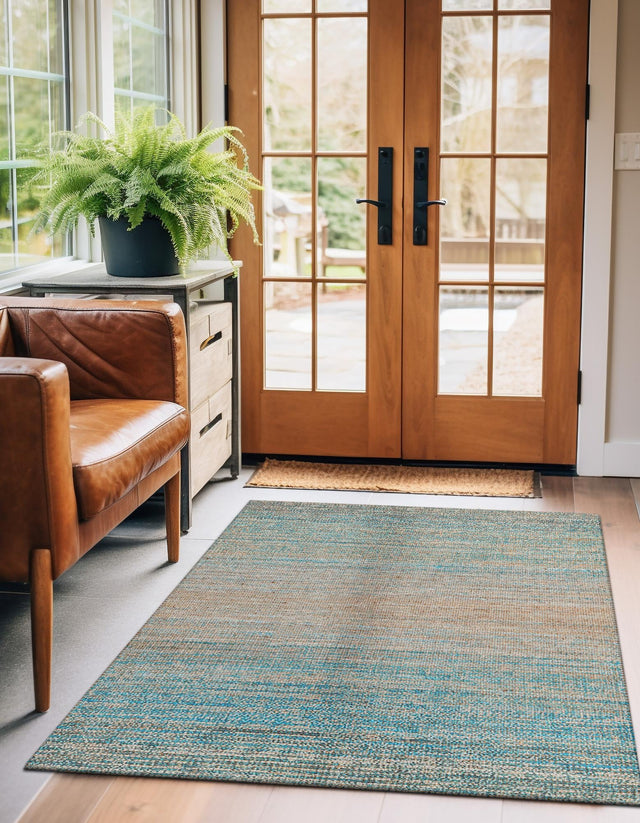 Ivory and Blue 6' 1 x 9' Chenille Jute Rectangle Area Rug Vintage Distressed Boho All Natural Eco-Friendly Sustainable Carpet for Living Dining Office Dorm Rooms for Sale at Rug Engine