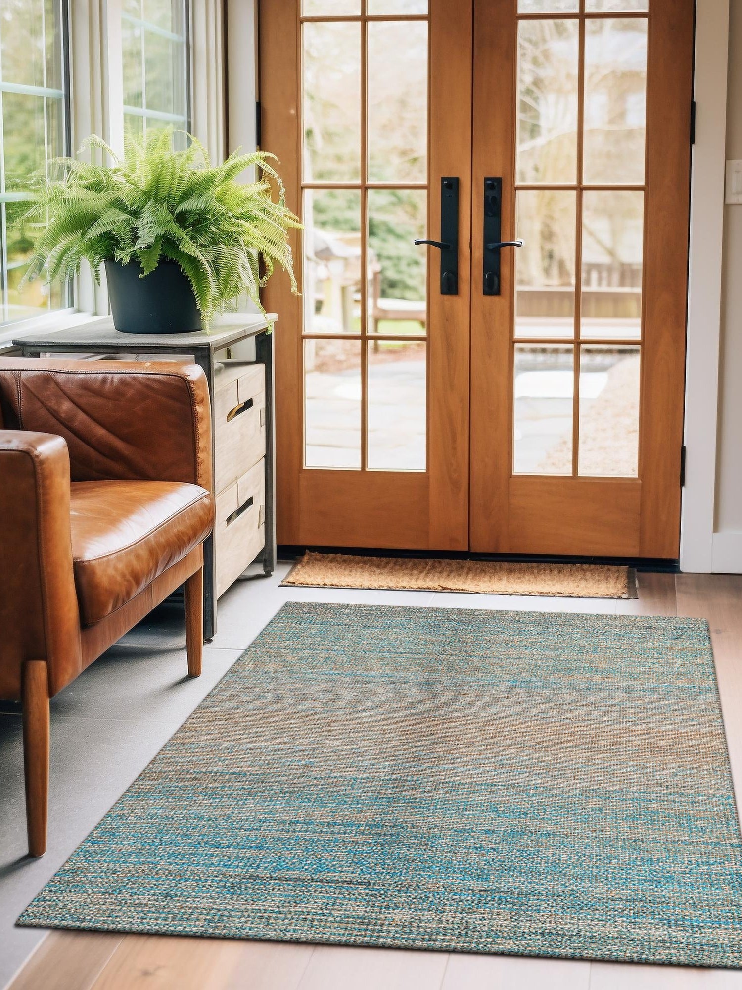 Ivory and Blue 9' x 12' Chenille Jute Rectangle Area Rug Vintage Distressed Boho All Natural Eco-Friendly Sustainable Carpet for Living Dining Office Dorm Rooms for Sale at Rug Engine