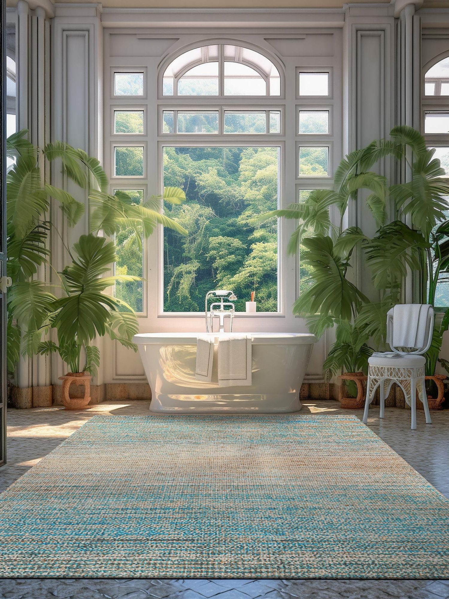 Ivory and Blue 6' 1 x 9' Chenille Jute Rectangle Area Rug Vintage Distressed Boho All Natural Eco-Friendly Sustainable Carpet for Living Dining Office Dorm Rooms for Sale at Rug Engine