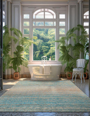 Ivory and Blue 5' 3 x 8' Chenille Jute Rectangle Area Rug Vintage Distressed Boho All Natural Eco-Friendly Sustainable Carpet for Living Dining Office Dorm Rooms for Sale at Rug Engine