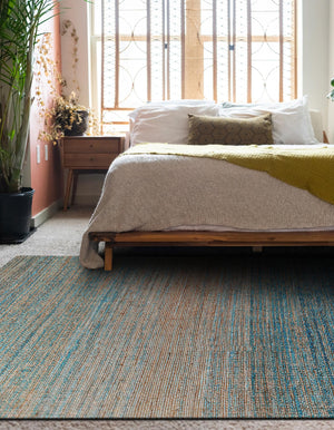 Ivory and Blue 7' 10 x 10' Chenille Jute Rectangle Area Rug Vintage Distressed Boho All Natural Eco-Friendly Sustainable Carpet for Living Dining Office Dorm Rooms for Sale at Rug Engine