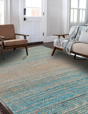 Ivory and Blue 4' 1 x 6' 1 Chenille Jute Rectangle Area Rug Vintage Distressed Boho All Natural Eco-Friendly Sustainable Carpet for Living Dining Office Dorm Rooms for Sale at Rug Engine