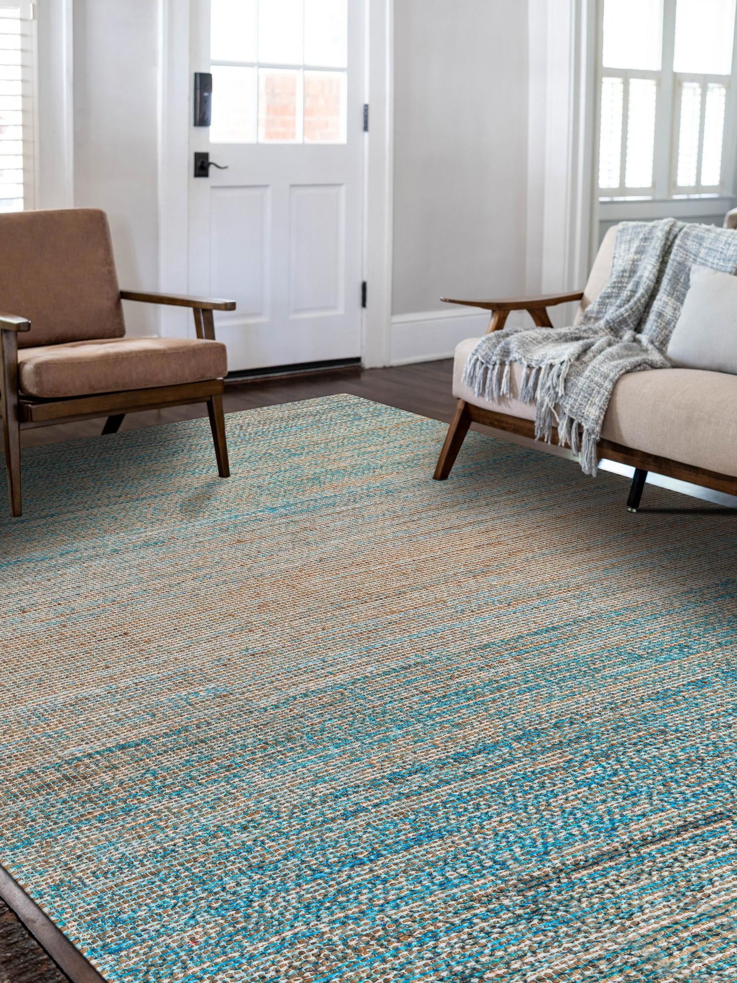 Ivory and Blue 6' 1 x 9' Chenille Jute Rectangle Area Rug Vintage Distressed Boho All Natural Eco-Friendly Sustainable Carpet for Living Dining Office Dorm Rooms for Sale at Rug Engine