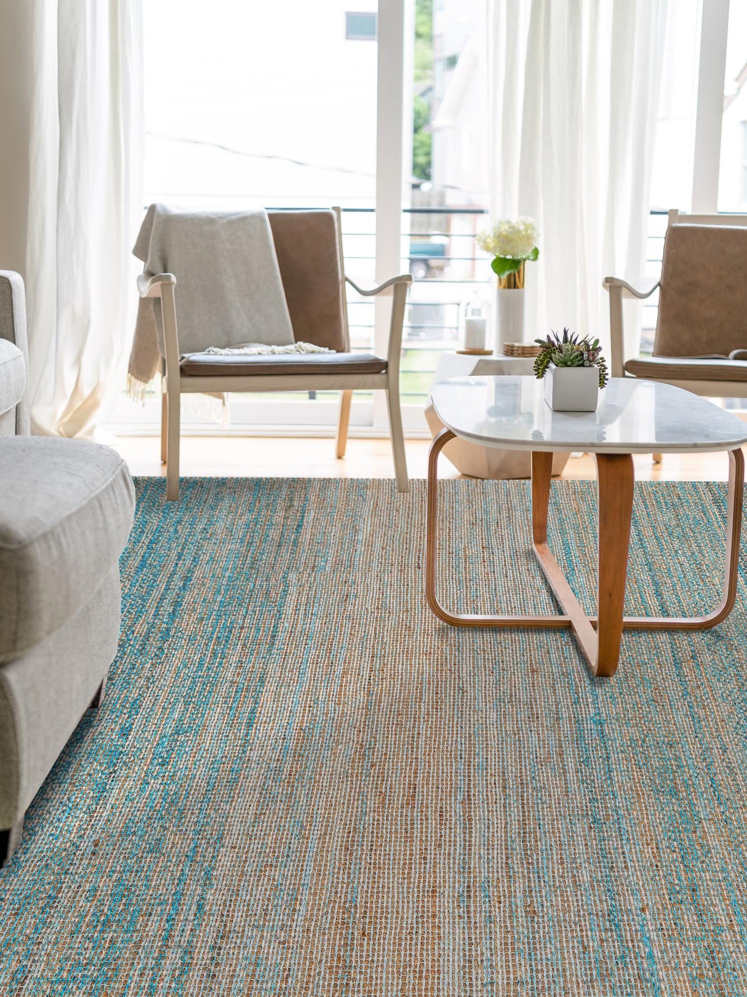 Ivory and Blue 4' 1 x 6' 1 Chenille Jute Rectangle Area Rug Vintage Distressed Boho All Natural Eco-Friendly Sustainable Carpet for Living Dining Office Dorm Rooms for Sale at Rug Engine