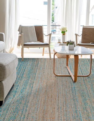 Ivory and Blue 9' x 12' Chenille Jute Rectangle Area Rug Vintage Distressed Boho All Natural Eco-Friendly Sustainable Carpet for Living Dining Office Dorm Rooms for Sale at Rug Engine