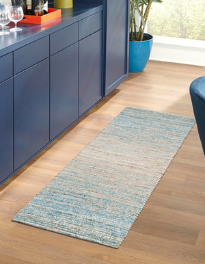 Ivory and Blue 2' 2 x 6' 1 Chenille Jute Runner Area Rug Vintage Distressed Boho All Natural Eco-Friendly Sustainable Carpet for Living Dining Office Dorm Rooms for Sale at Rug Engine