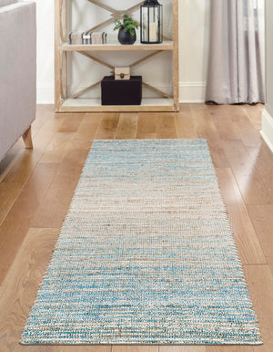Ivory and Blue 2' 2 x 6' 1 Chenille Jute Runner Area Rug Vintage Distressed Boho All Natural Eco-Friendly Sustainable Carpet for Living Dining Office Dorm Rooms for Sale at Rug Engine