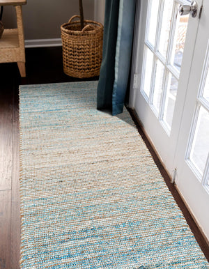 Ivory and Blue 2' 2 x 8' Chenille Jute Runner Area Rug Vintage Distressed Boho All Natural Eco-Friendly Sustainable Carpet for Living Dining Office Dorm Rooms for Sale at Rug Engine