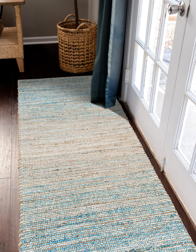 Ivory and Blue 2' 2 x 6' 1 Chenille Jute Runner Area Rug Vintage Distressed Boho All Natural Eco-Friendly Sustainable Carpet for Living Dining Office Dorm Rooms for Sale at Rug Engine